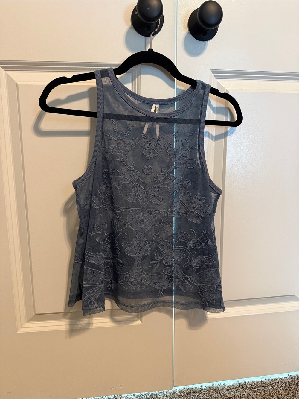 Anthropologie Sheer Floral Embroidered Tank - Slate Blue